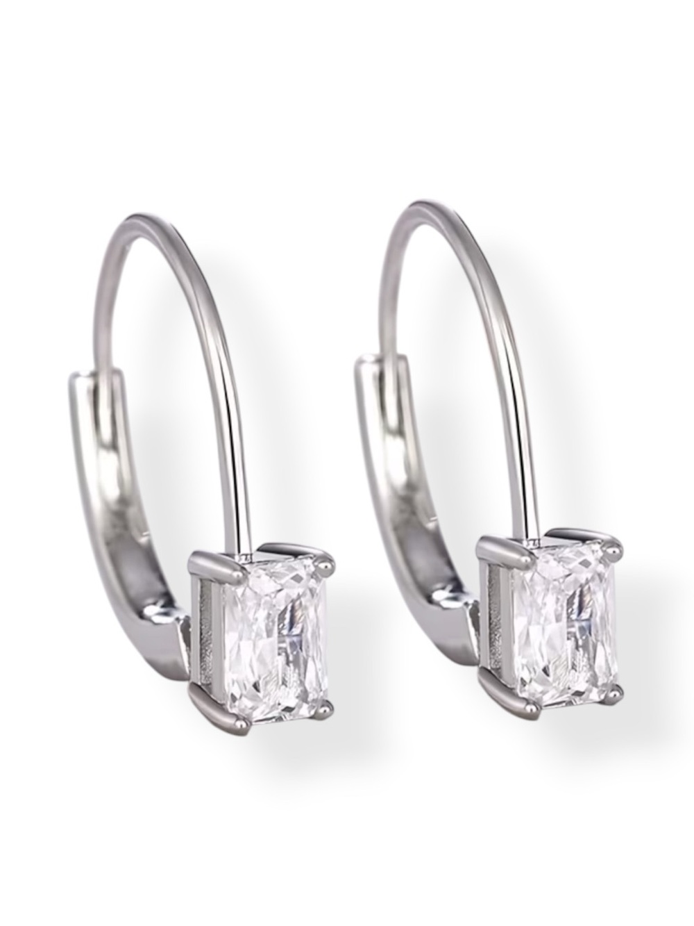 Silver Radiant  Cut CZ Dainty Lever Back Hoop Earrings Minimalist Petite Huggies